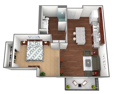 Floor plan for 1 bed, 1 bath, 633 sqft